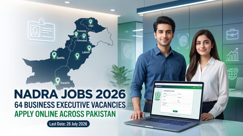 NADRA Jobs 2026 featured image showing male and female professionals, a Pakistan map, and details about 64 Business Executive vacancies with online applications.