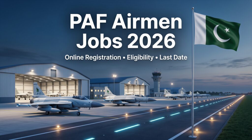 PAF Airmen Jobs 2026 featured image showing fighter jets, an airbase runway, and the Pakistan flag.