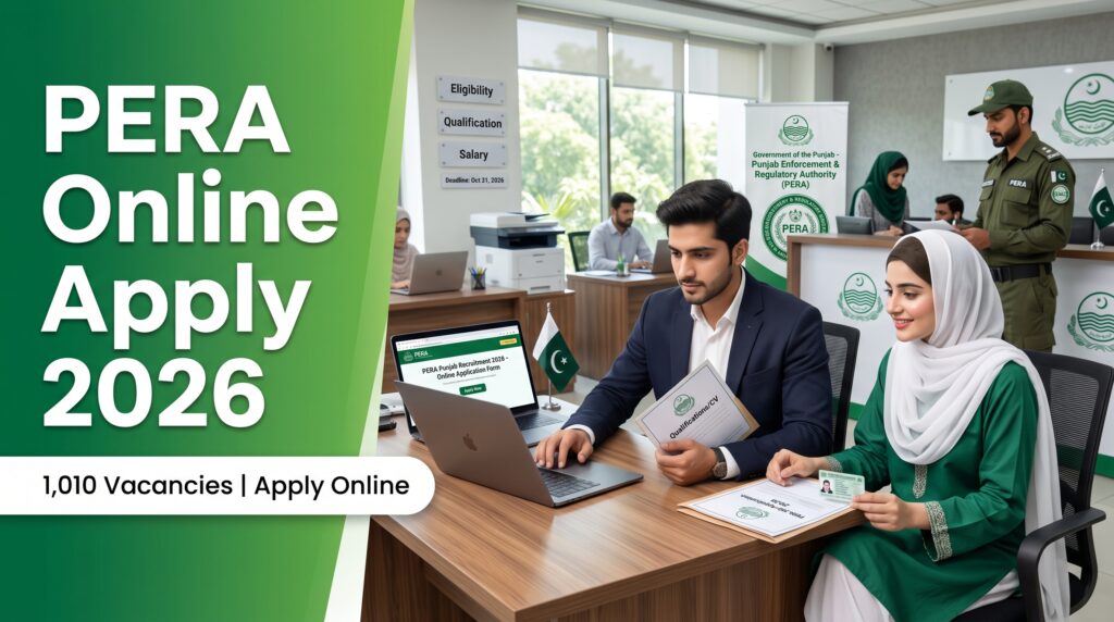 PERA Online Apply 2026 featured image showing male and female Pakistani applicants, enforcement staff, and 1,010 vacancies information.