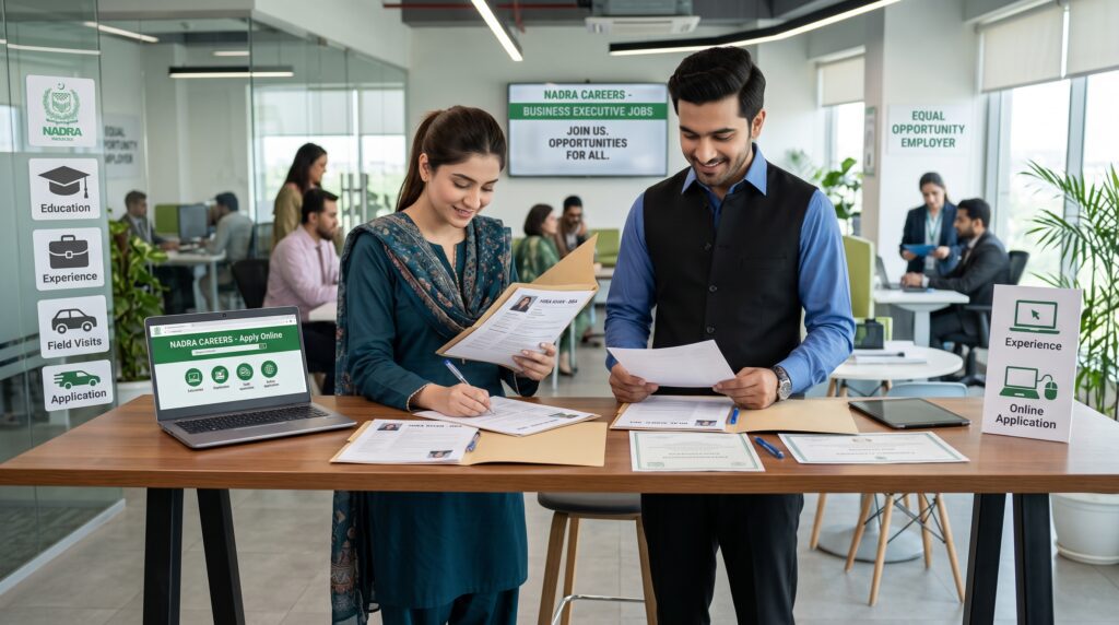 Male and female candidates preparing to apply for NADRA Business Executive jobs