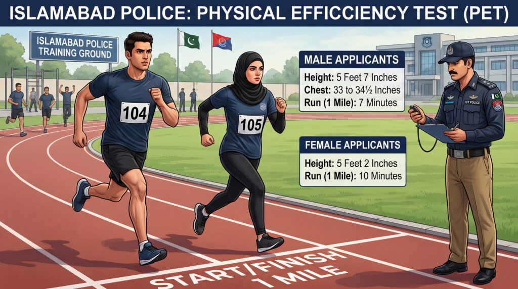 Male and female candidates completing the Islamabad Police physical and running test.