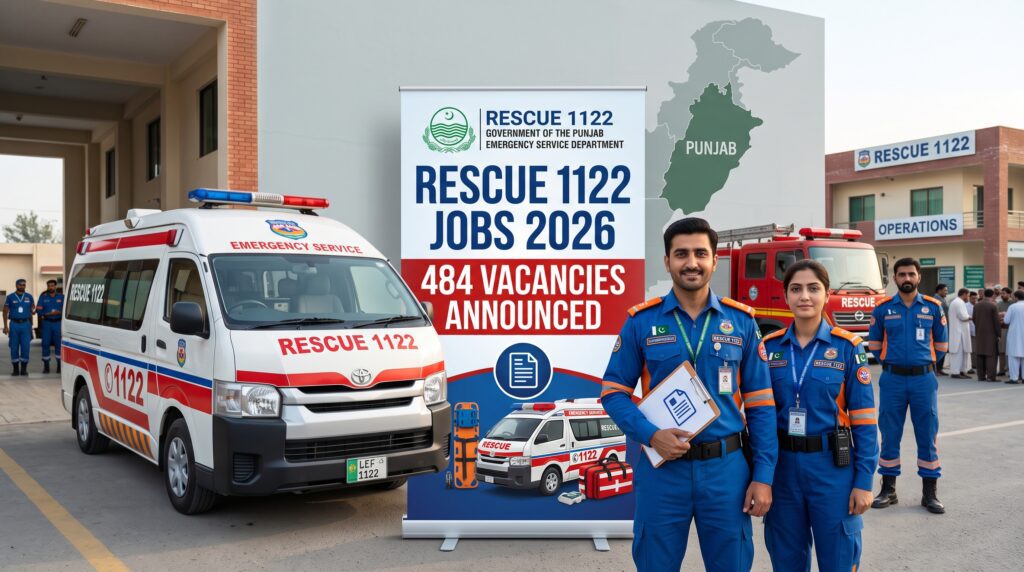 Rescue 1122 Jobs 2026 featured image showing emergency responders, ambulance, and announcement of 484 vacancies across Punjab districts