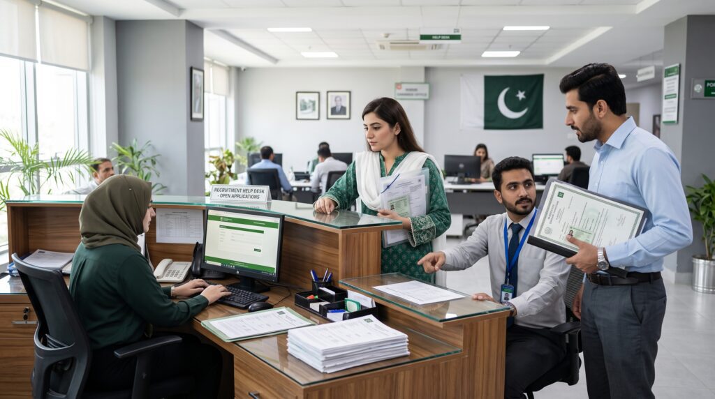 Pak Army Civilian Jobs 2026 applicants submitting documents at a government recruitment office