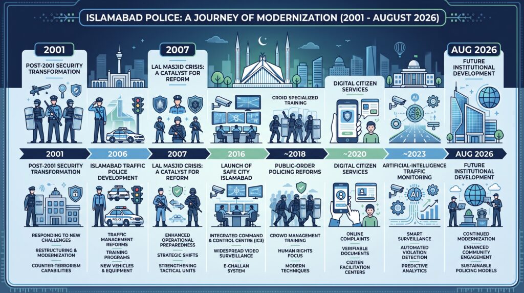 Islamabad Police institutional development timeline from 2001 to August 2026