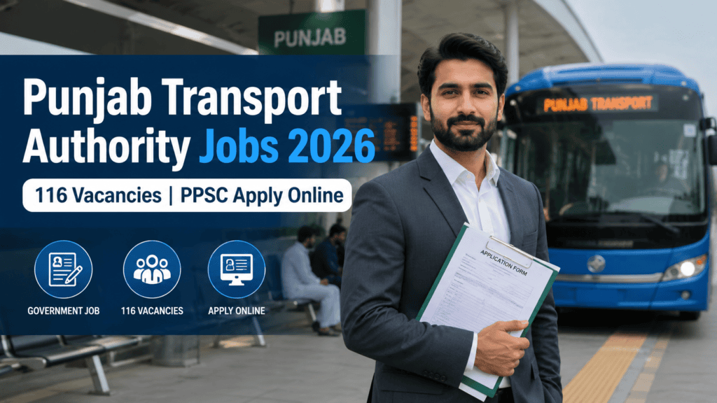 Punjab Transport Authority Jobs 2026 featured image showing a Pakistani government officer at a modern Punjab public transport terminal with a bus in the background.