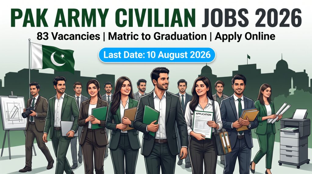 Pak Army Civilian Jobs 2026 featured image showing Pakistani job applicants, GHQ-style buildings, the national flag, 83 vacancies, Matric-to-Graduation eligibility, and the 10 August 2026 application deadline.