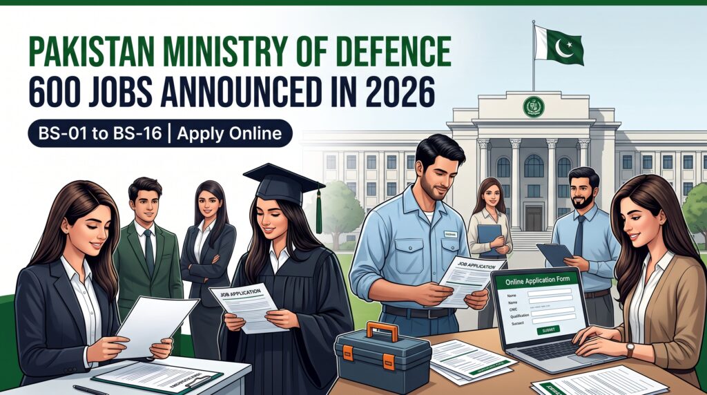 Pakistan Ministry of Defence 600 Jobs 2026 announcement featuring Pakistani job seekers, an online application form, and BS-01 to BS-16 vacancies.