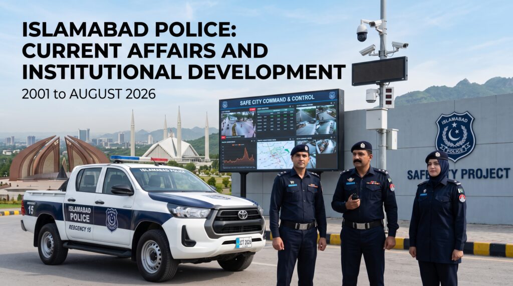 Islamabad Police Current Affairs from 2001 to August 2026 showing police officers, a patrol vehicle, Safe City cameras and Islamabad landmarks