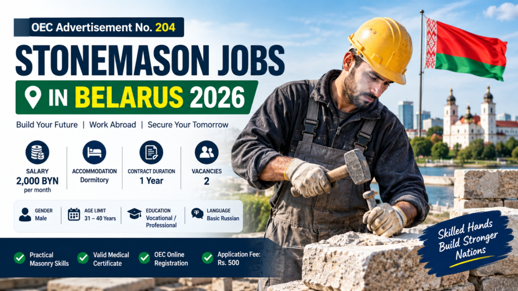 Stonemason Jobs in Belarus 2026 OEC Advertisement No. 204 salary 2000 BYN with accommodation and one-year contract for skilled Pakistani workers.