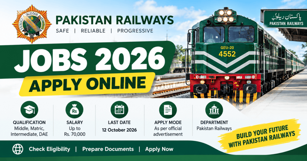 Pakistan Railways Jobs 2026 advertisement featuring a green Pakistan Railways locomotive at a railway station, highlighting online applications, qualifications from Middle to DAE, salary up to Rs. 70,000, and application deadline of 12 October 2026.