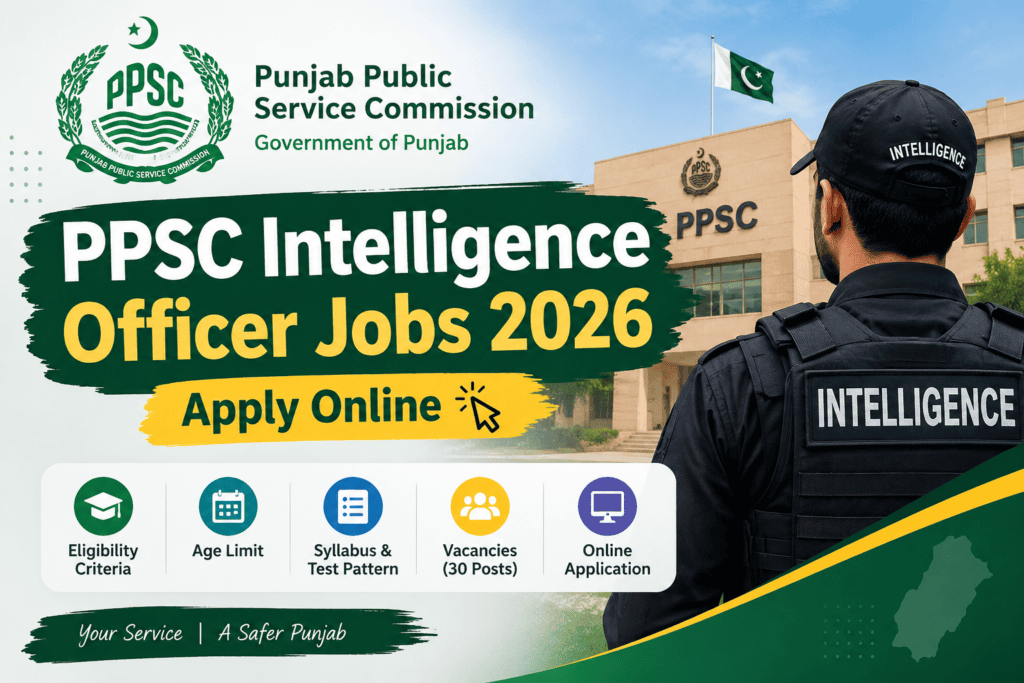 PPSC Intelligence Officer Jobs 2026 recruitment banner featuring eligibility criteria, age limit, syllabus, 30 vacancies, and online application.