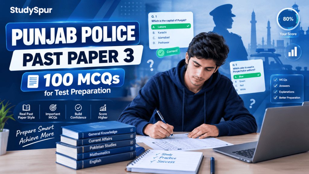 Punjab Police Past Paper 3 featuring 100 MCQs for test preparation with student solving practice questions.